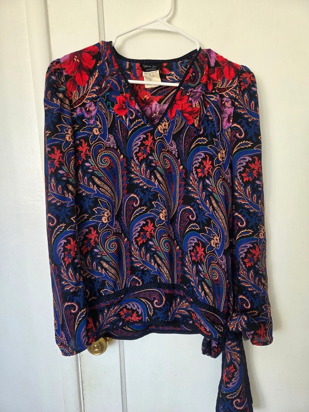 Diane Freis Vintage 80s Red Blue Paisley Floral Long Sleeve Blouse Medium Large